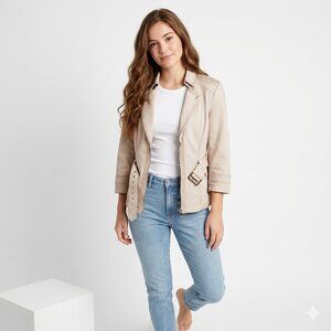 White House Black Market Belted Safari Jacket Tan Beige Size 8 Pleated Shoulder